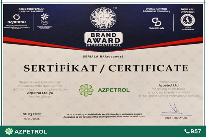 “Azpetrol” şirkəti “Brand Award International” müsabiqəsinin qalibi olub